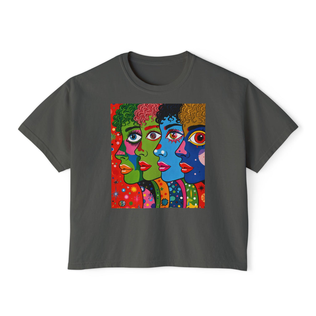 Women's Boxy Tee — Colorful Pop Art Faces Graphic Cropped T‑Shirt