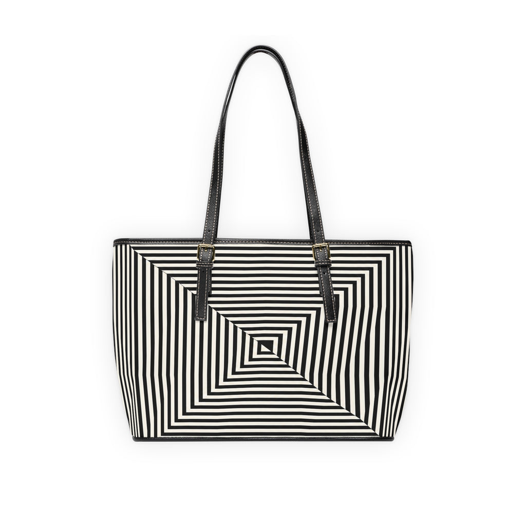Geometric Spiral Tote Bag — Black & White Optical PU Shoulder Bag
