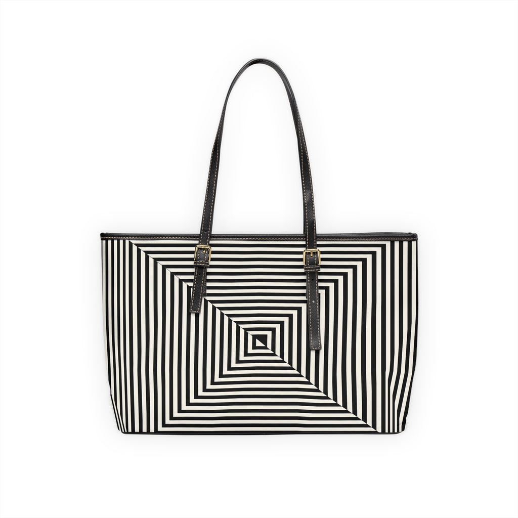 Geometric Spiral Tote Bag — Black & White Optical PU Shoulder Bag