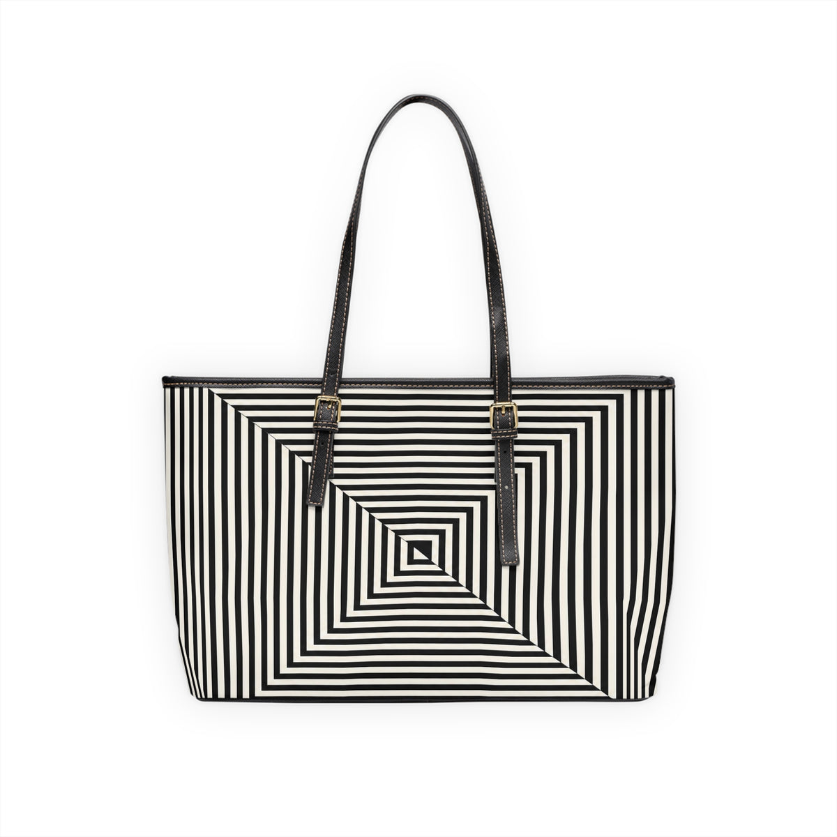 Geometric Spiral Tote Bag — Black & White Optical PU Shoulder Bag