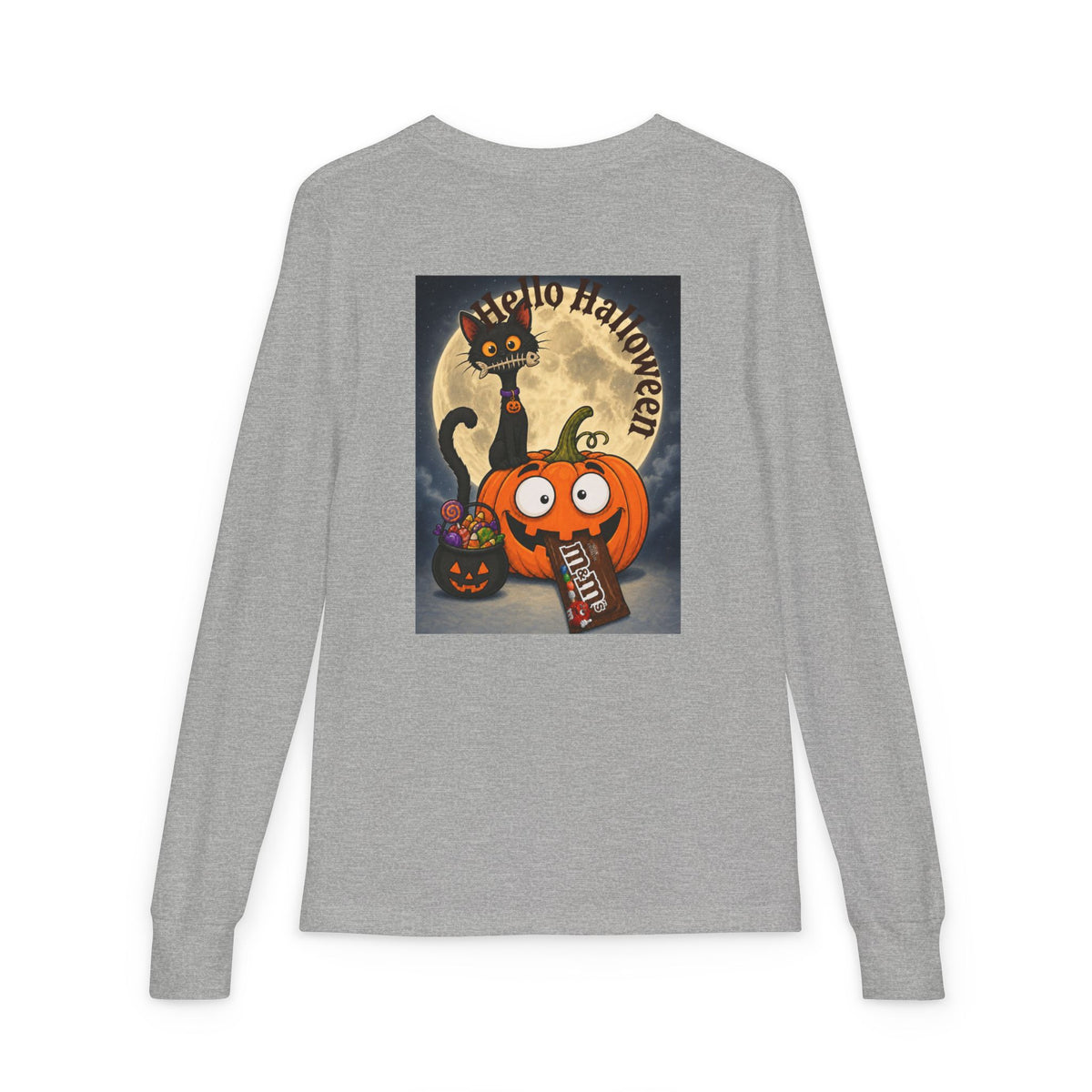 Kids' Halloween Long Sleeve Tee — 'Trick or Treat' Black Cat & Pumpkin Design