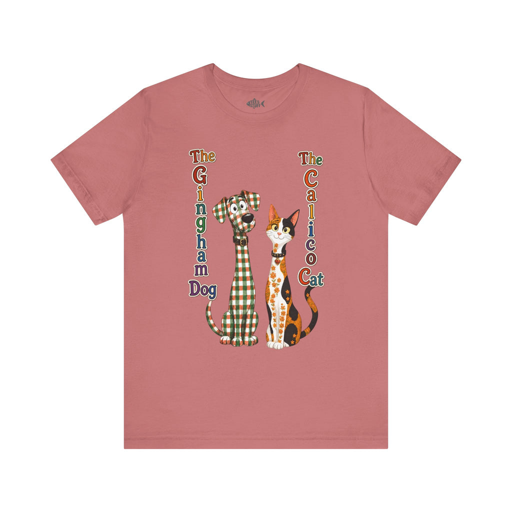 Gingham Dog & Calico Cat Tee — Plaid Pet Illustration T-Shirt