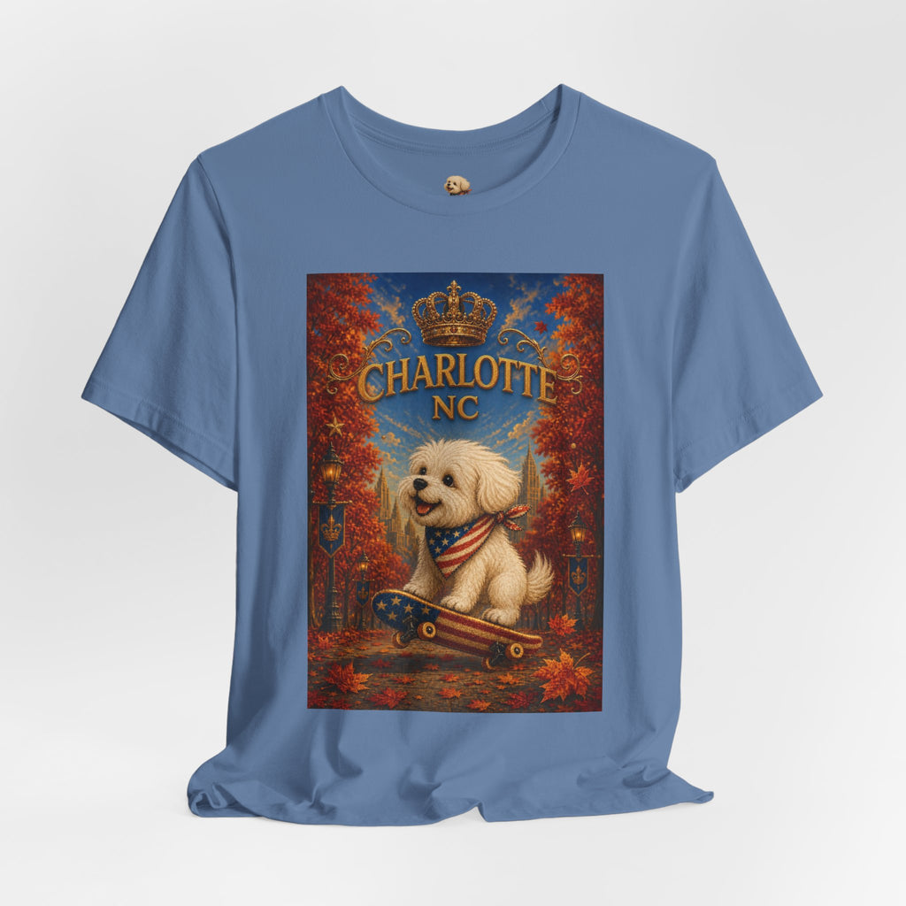 Charlotte NC Dog Tee — Cute Pup on Skateboard Patriotic T‑Shirt