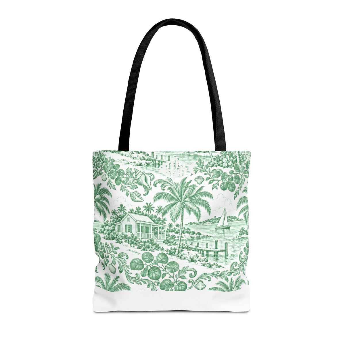 Green Coastal Toile Tote Bag- Palm Trees & Island Houses