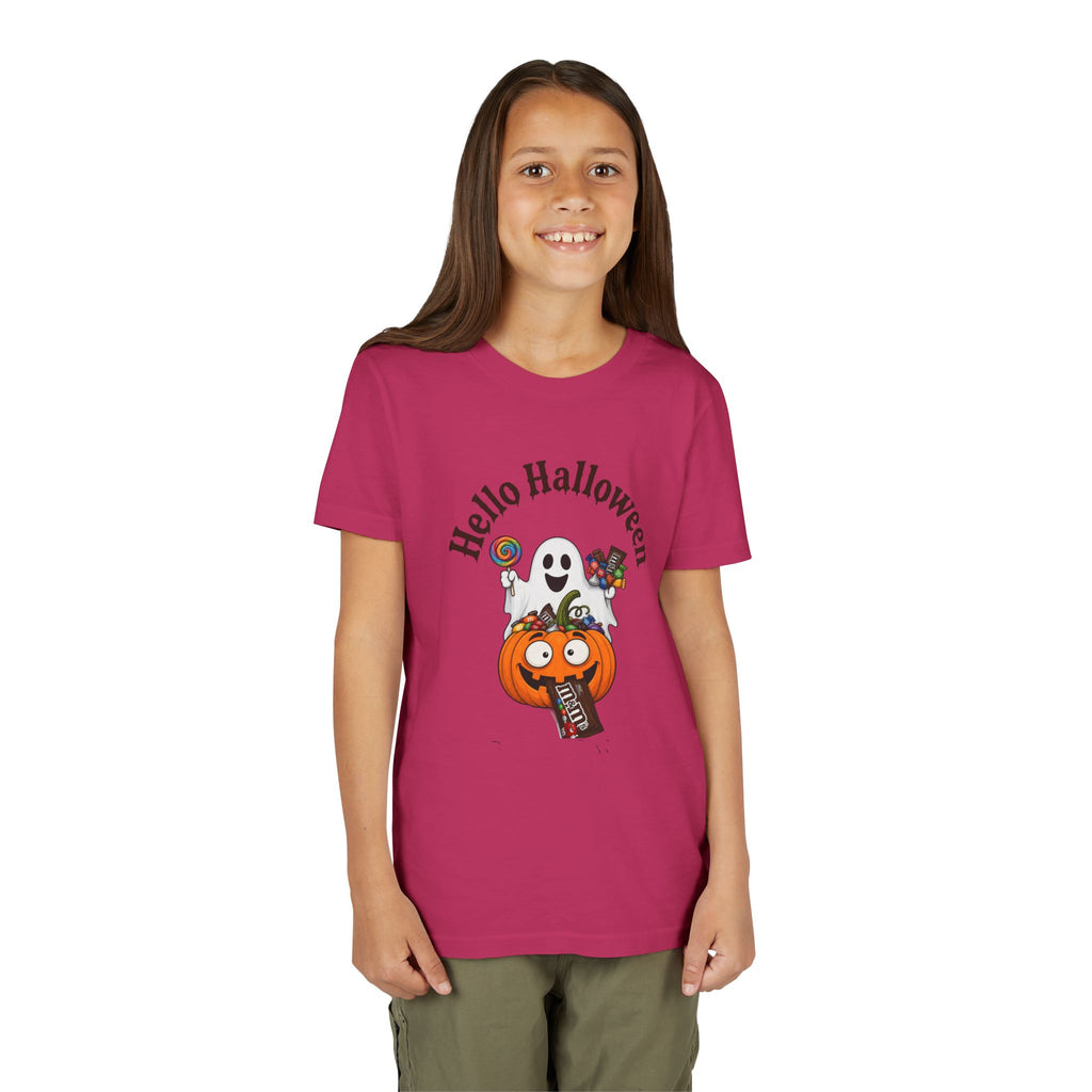 Youth Halloween Tee - "Hello Halloween" Ghost & Pumpkin Trick-or-Treat Shirt