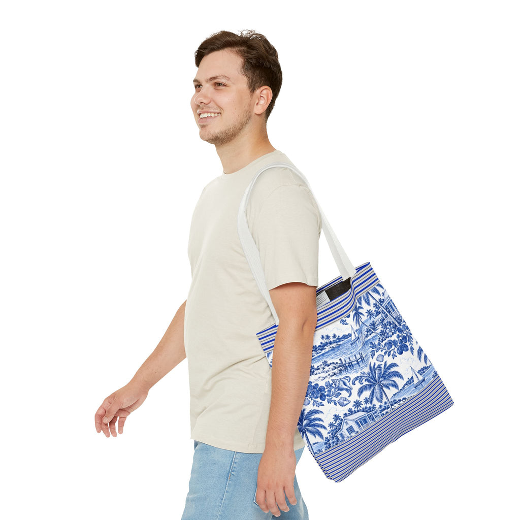 Nassau Blue Coastal Toile Tote Bag — Nautical Bahama / Palm Beach Scene All-Over Print
