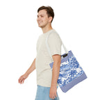 Nassau Blue Coastal Toile Tote Bag — Nautical Bahama / Palm Beach Scene All-Over Print
