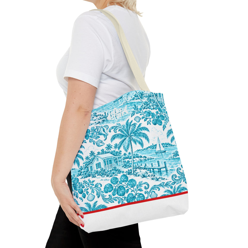 Turquoise coastal Toile Tote Bag- Palm Trees & Island Houses.