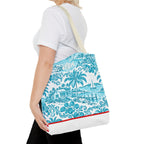 Turquoise coastal Toile Tote Bag- Palm Trees & Island Houses.