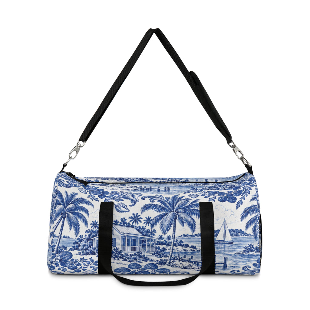 Tropical Blue Toile Duffel Bag — Coastal Palm & Sailboat Weekend Bag