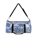 Tropical Blue Toile Duffel Bag — Coastal Palm & Sailboat Weekend Bag