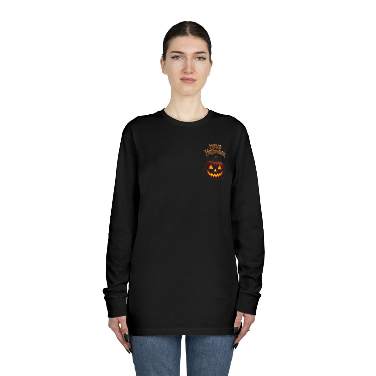 Halloween Cat Long Sleeve Tee — 'Hello Halloween' Jack-O'-Lantern Graphic