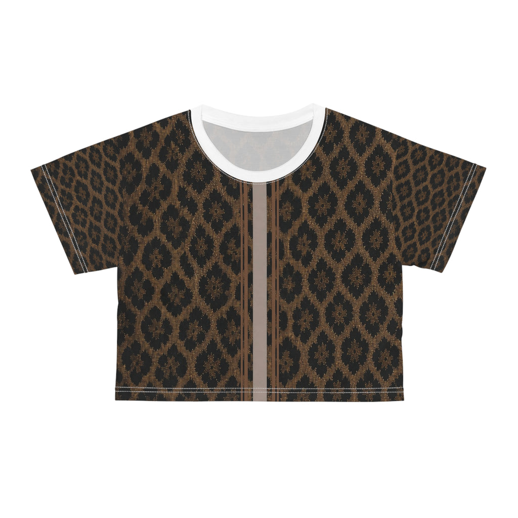 Brown Ikat Print Crop Tee — Tribal Boho Patterned Women's Crop Top