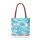 Turquoise coastal Toile Tote Bag- Palm Trees & Island Houses.