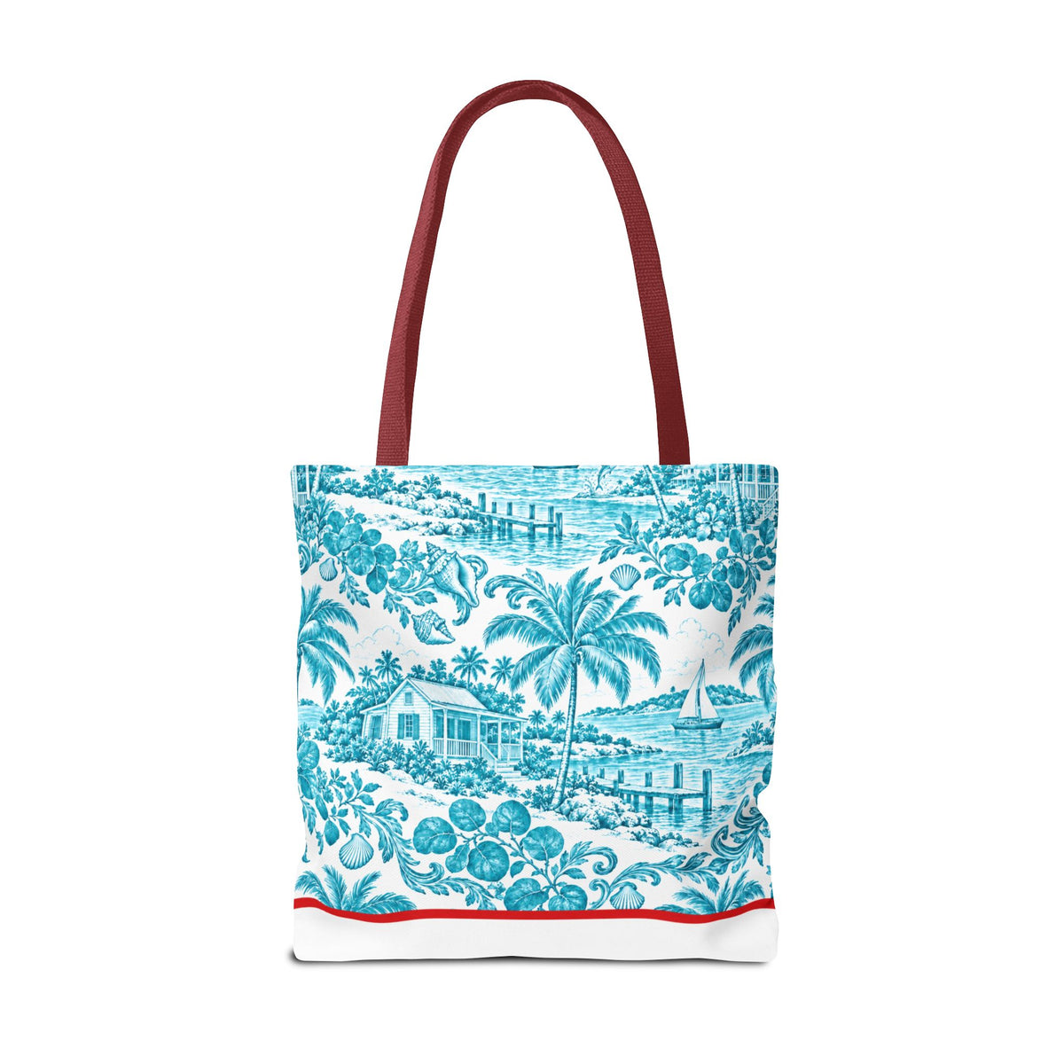 Turquoise coastal Toile Tote Bag- Palm Trees & Island Houses.