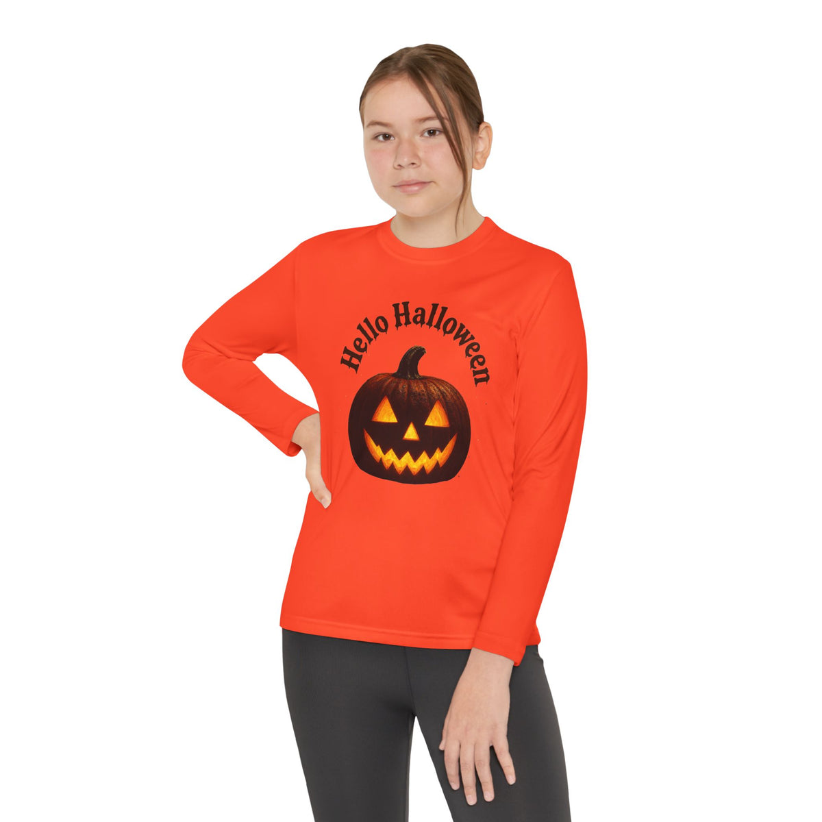 Youth Long Sleeve Tee - 'Hello Halloween' Jack-o'-Lantern Pumpkin Shirt