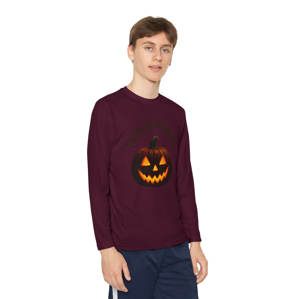 Youth Long Sleeve Tee - 'Hello Halloween' Jack-o'-Lantern Pumpkin Shirt