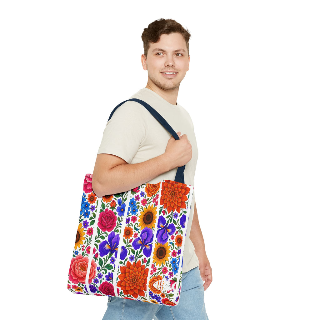 Floral Stripe Tote Bag — Bright Mexican Folk Art Flowers AOP