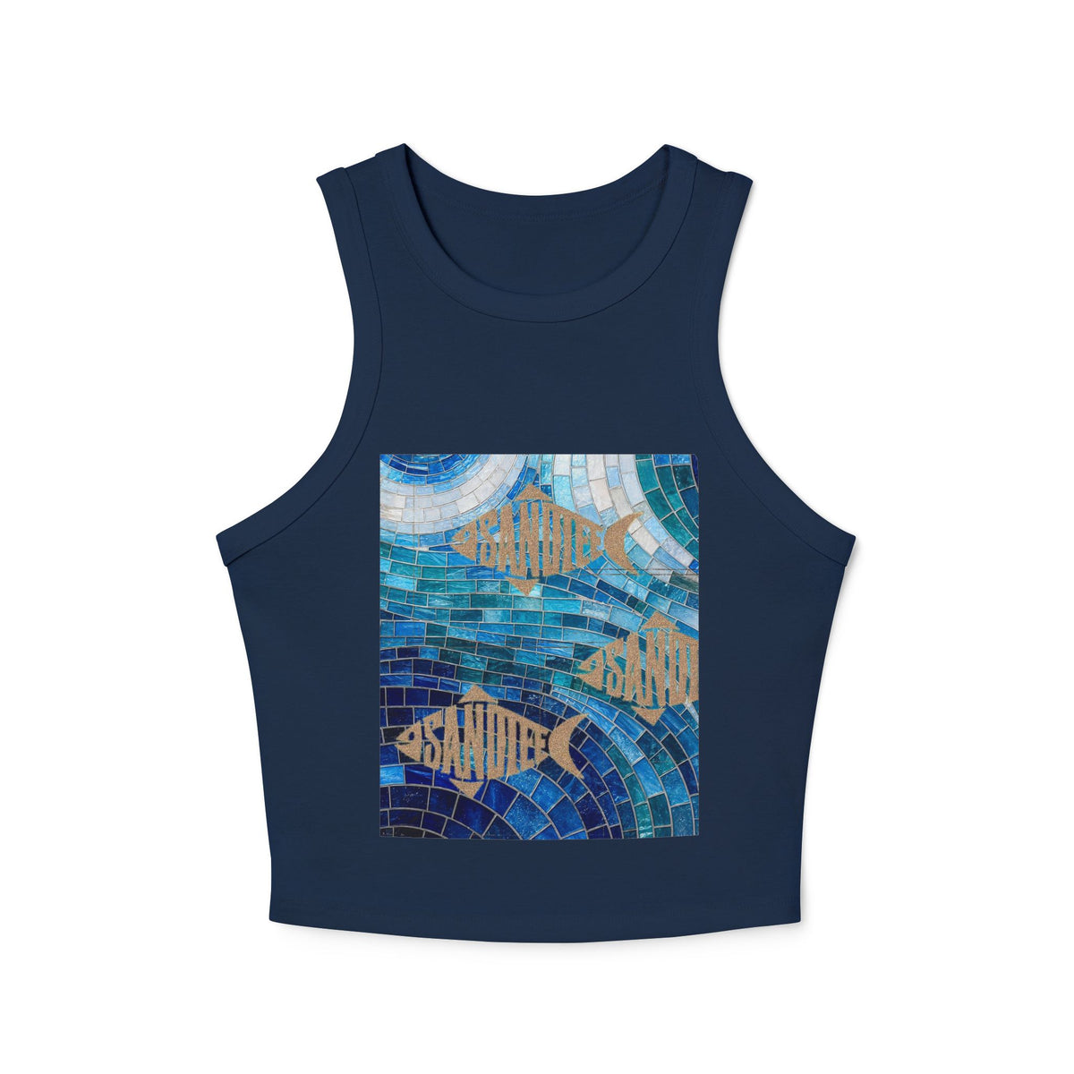 Ocean Mosaic Fish Racer Tank Top — Beachy Blue Graphic Crop Tank
