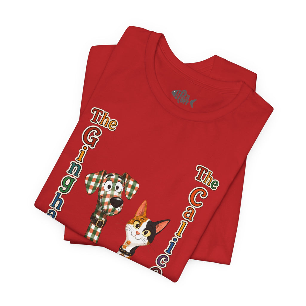 Gingham Dog & Calico Cat Tee — Plaid Pet Illustration T-Shirt