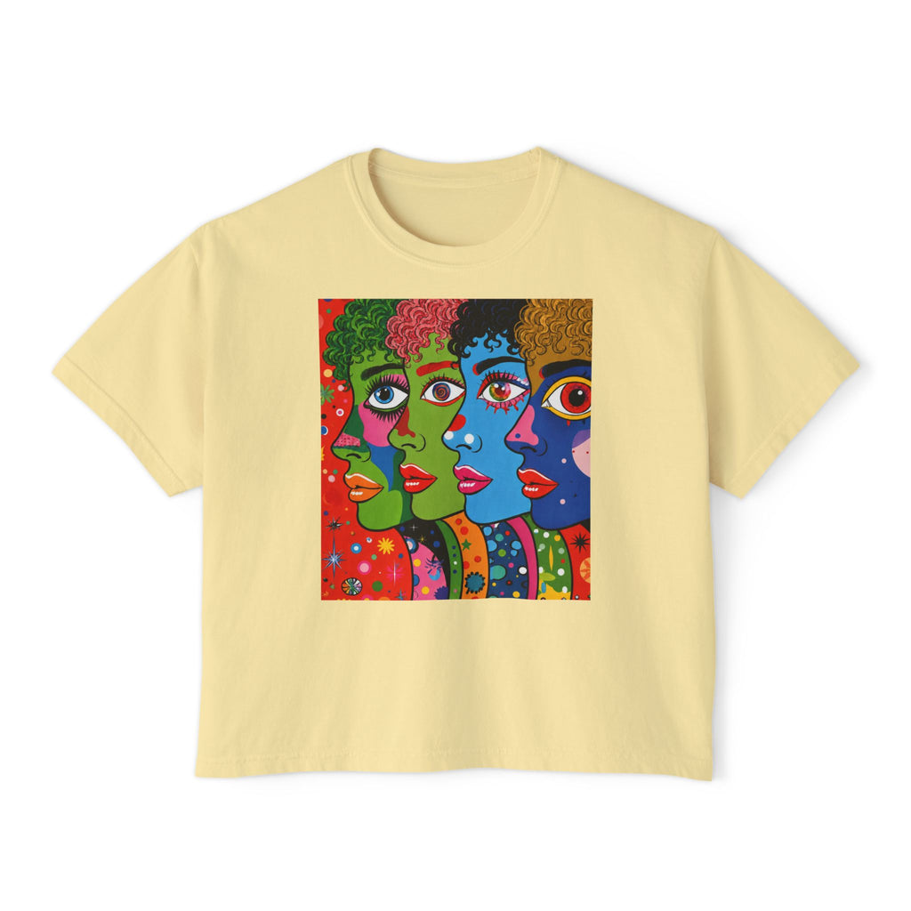 Women's Boxy Tee — Colorful Pop Art Faces Graphic Cropped T‑Shirt