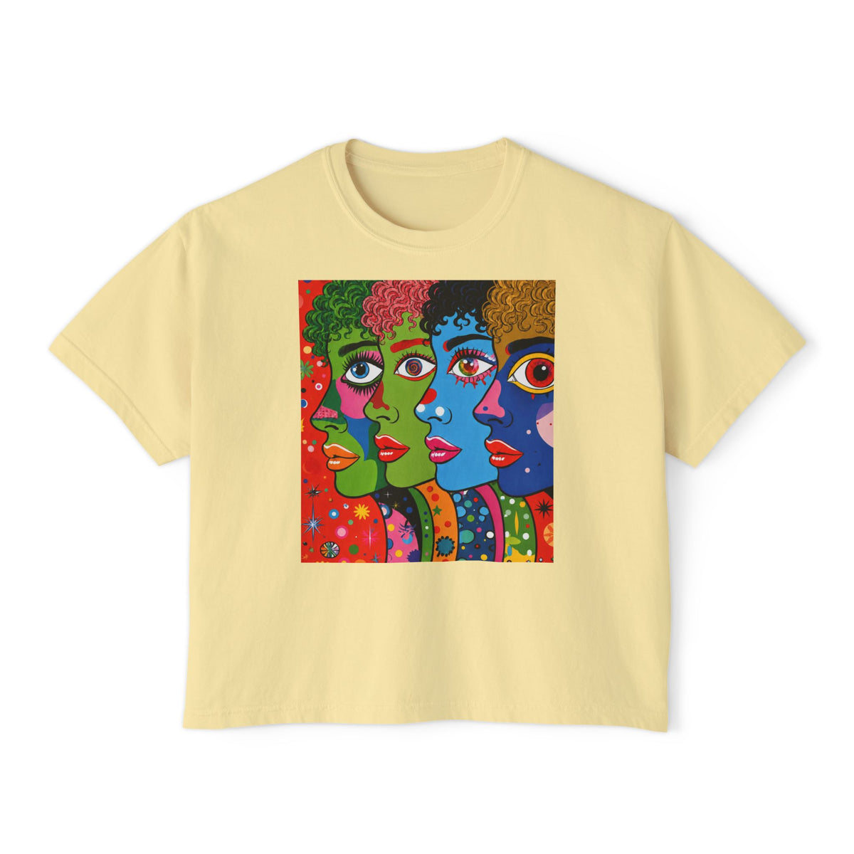 Women's Boxy Tee — Colorful Pop Art Faces Graphic Cropped T‑Shirt