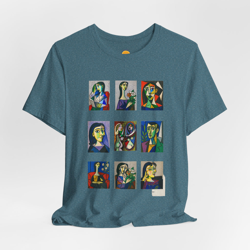Picasso Portrait Grid T‑Shirt — Colorful Cubist Faces Art Tee
