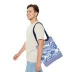 Nassau Blue Coastal Toile Tote Bag — Nautical Bahama / Palm Beach Scene All-Over Print