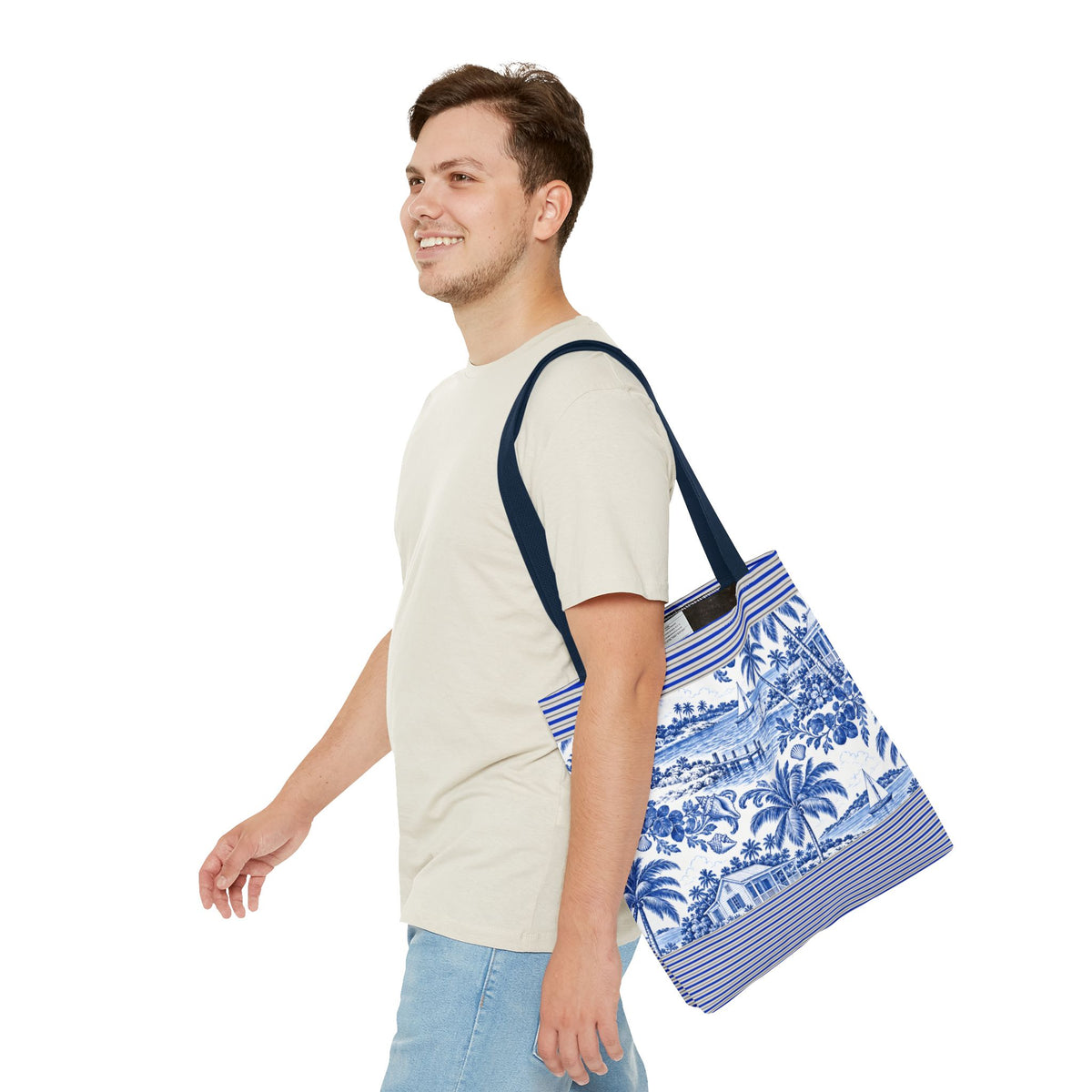 Nassau Blue Coastal Toile Tote Bag — Nautical Bahama / Palm Beach Scene All-Over Print