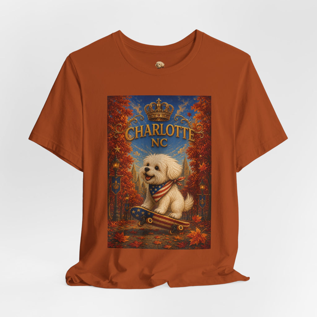 Charlotte NC Dog Tee — Cute Pup on Skateboard Patriotic T‑Shirt