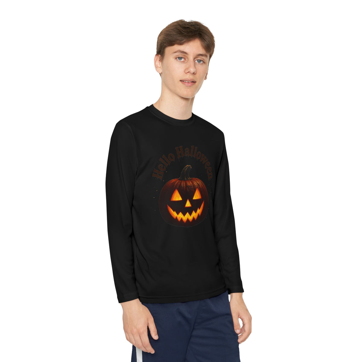 Youth Long Sleeve Tee - 'Hello Halloween' Jack-o'-Lantern Pumpkin Shirt