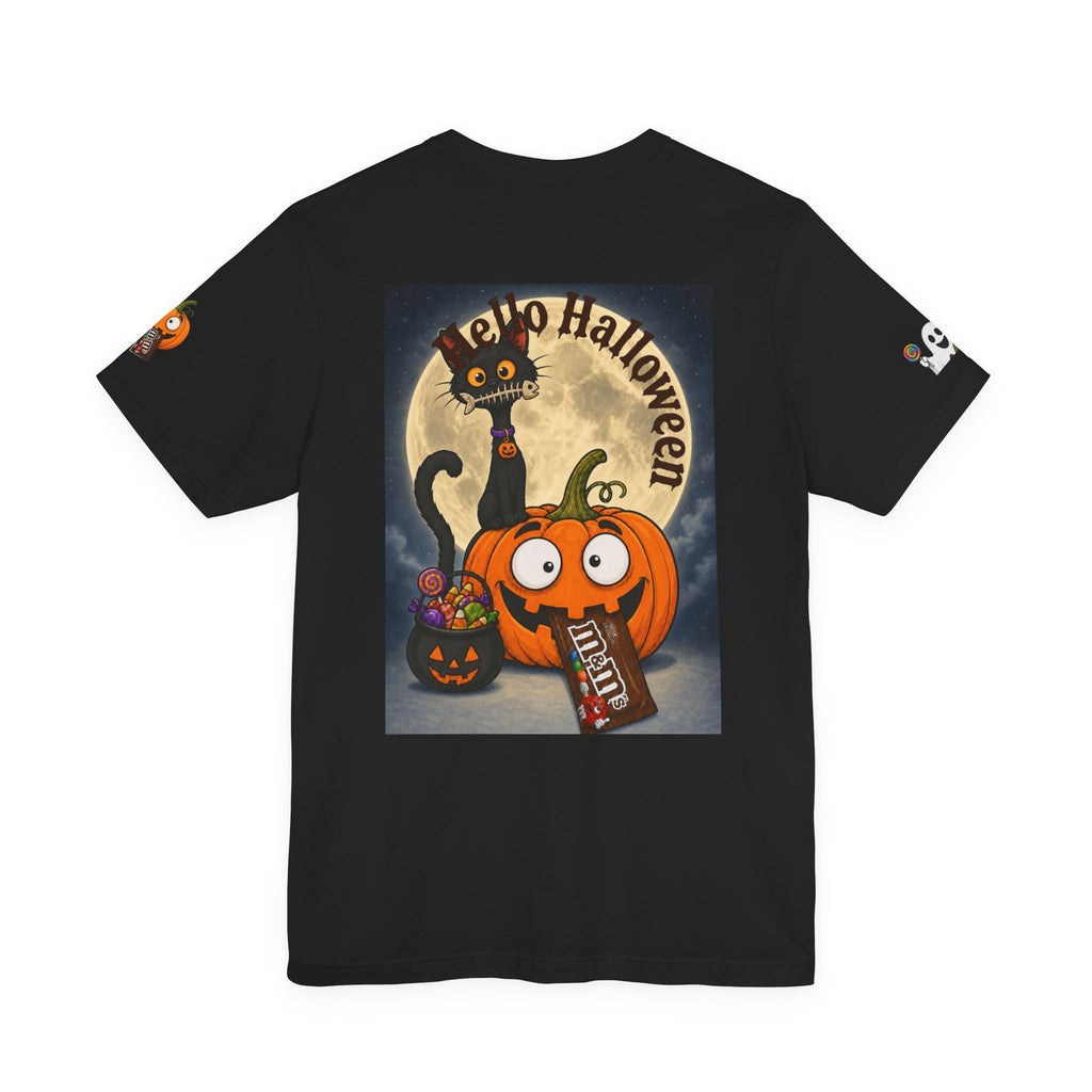 Black/ / Back, Front, sleeve design, Halloween T-shirt with a black cat orange pumpkin, full moon trick or treat candy bucket with candy and "Trick or Treat" text.