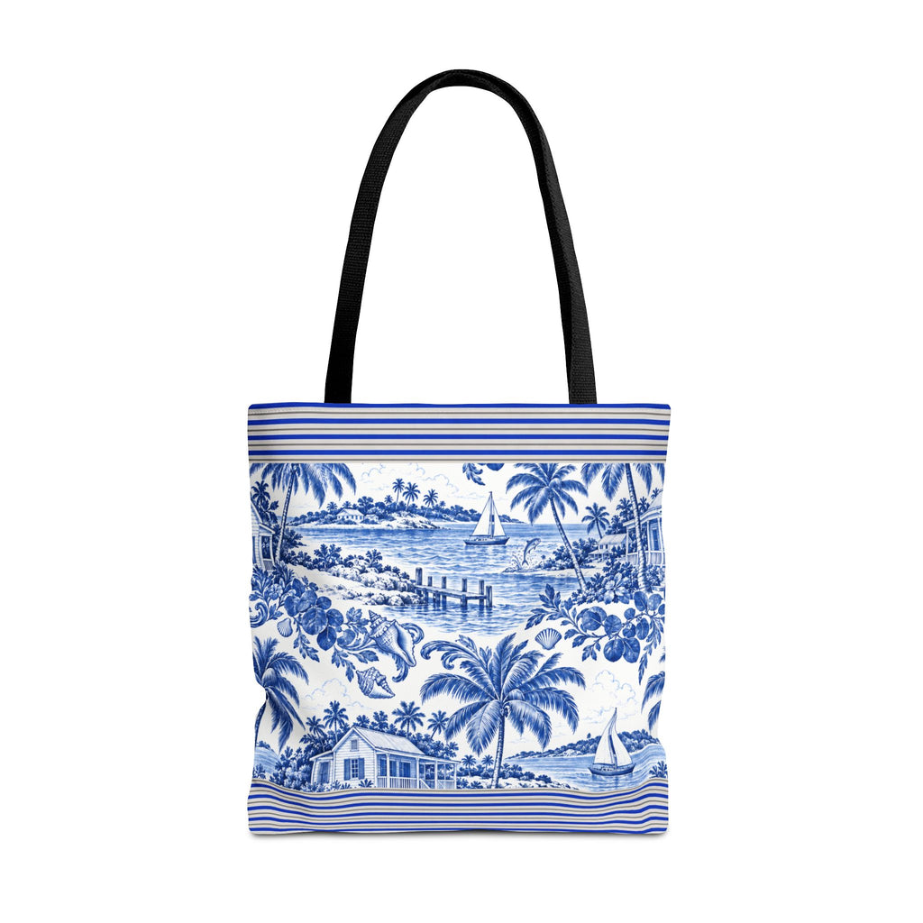 Nassau Blue Coastal Toile Tote Bag — Nautical Bahama / Palm Beach Scene All-Over Print