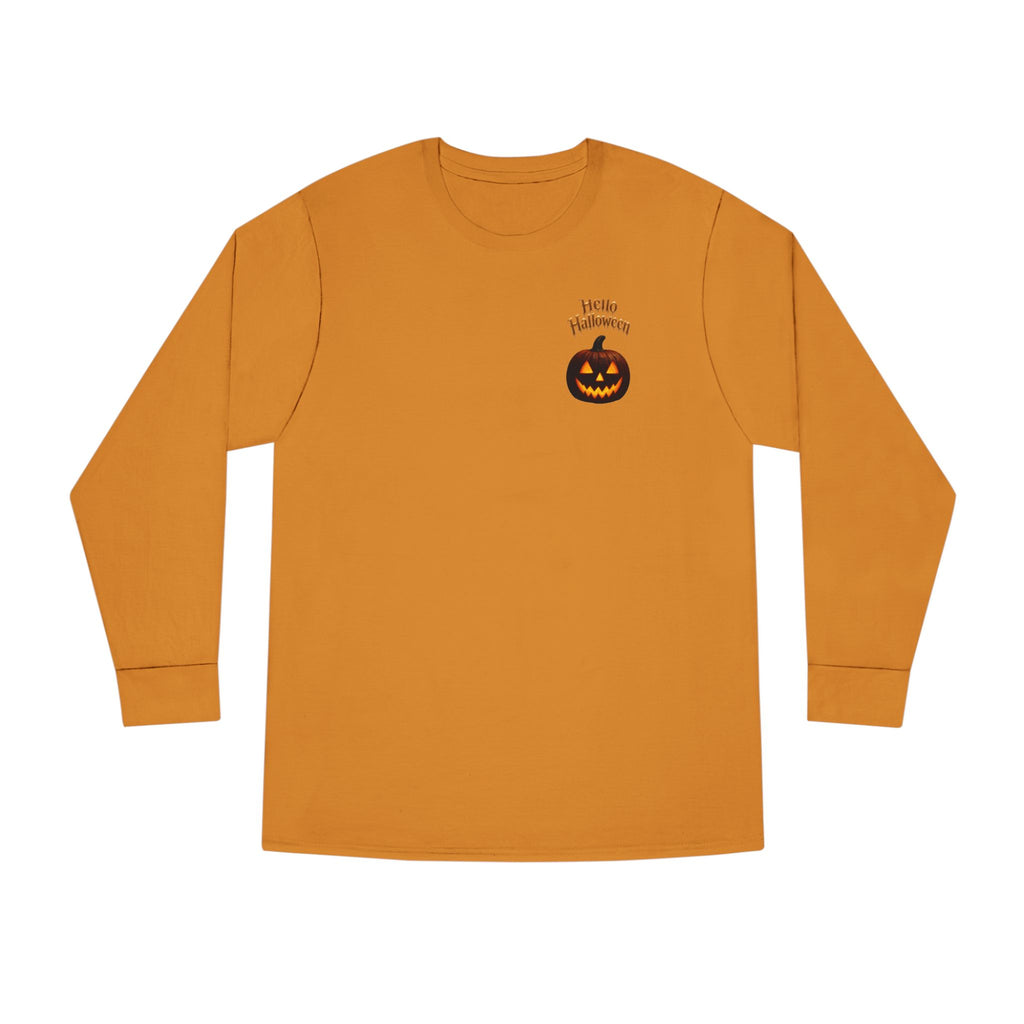 Halloween Cat Long Sleeve Tee — 'Hello Halloween' Jack-O'-Lantern Graphic