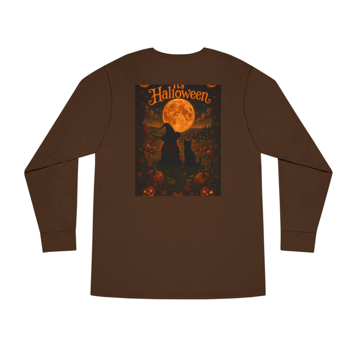 Halloween Cat Long Sleeve Tee — 'Hello Halloween' Jack-O'-Lantern Graphic
