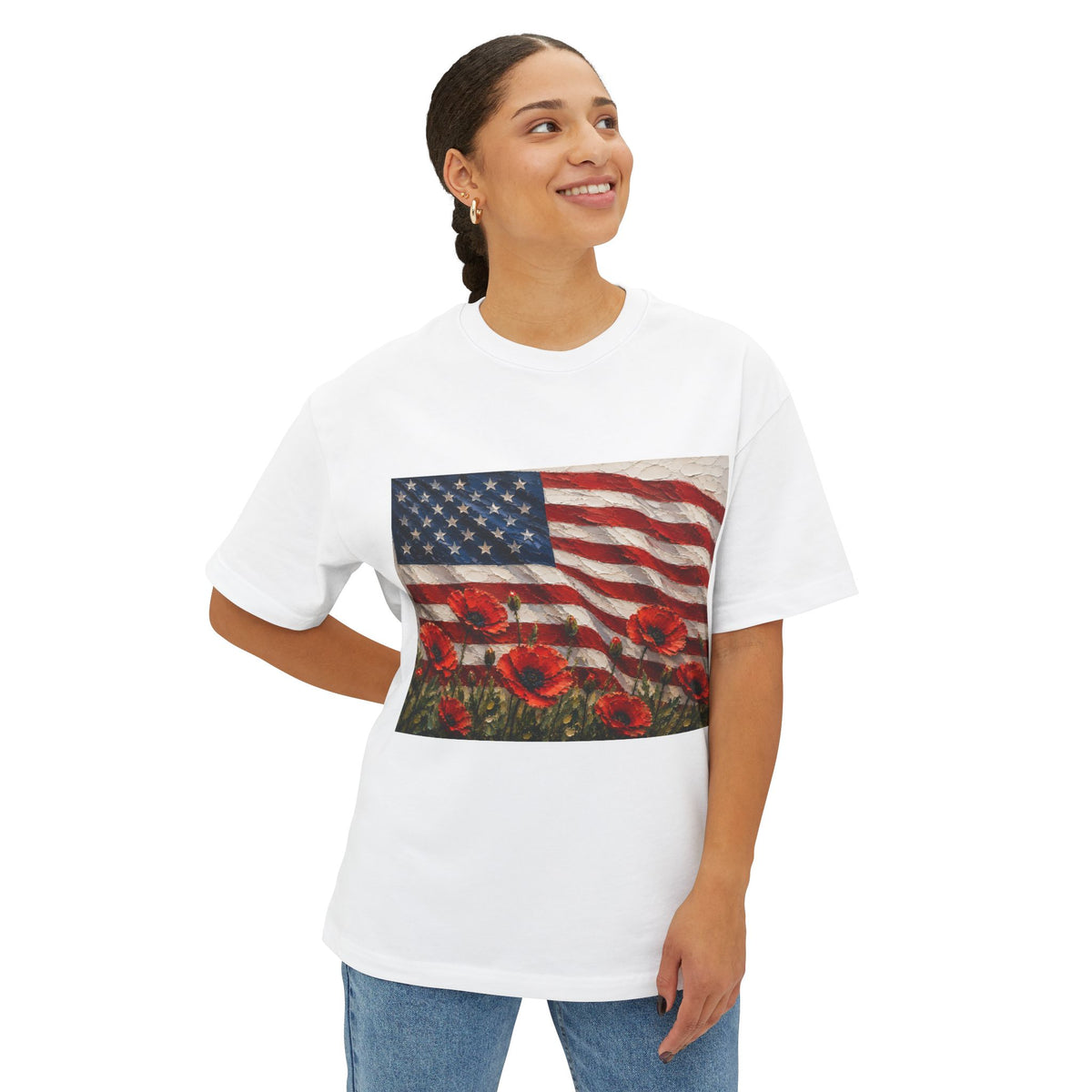 American Flag Poppy Tee Shirt -Unisex Oversized Boxy Tee