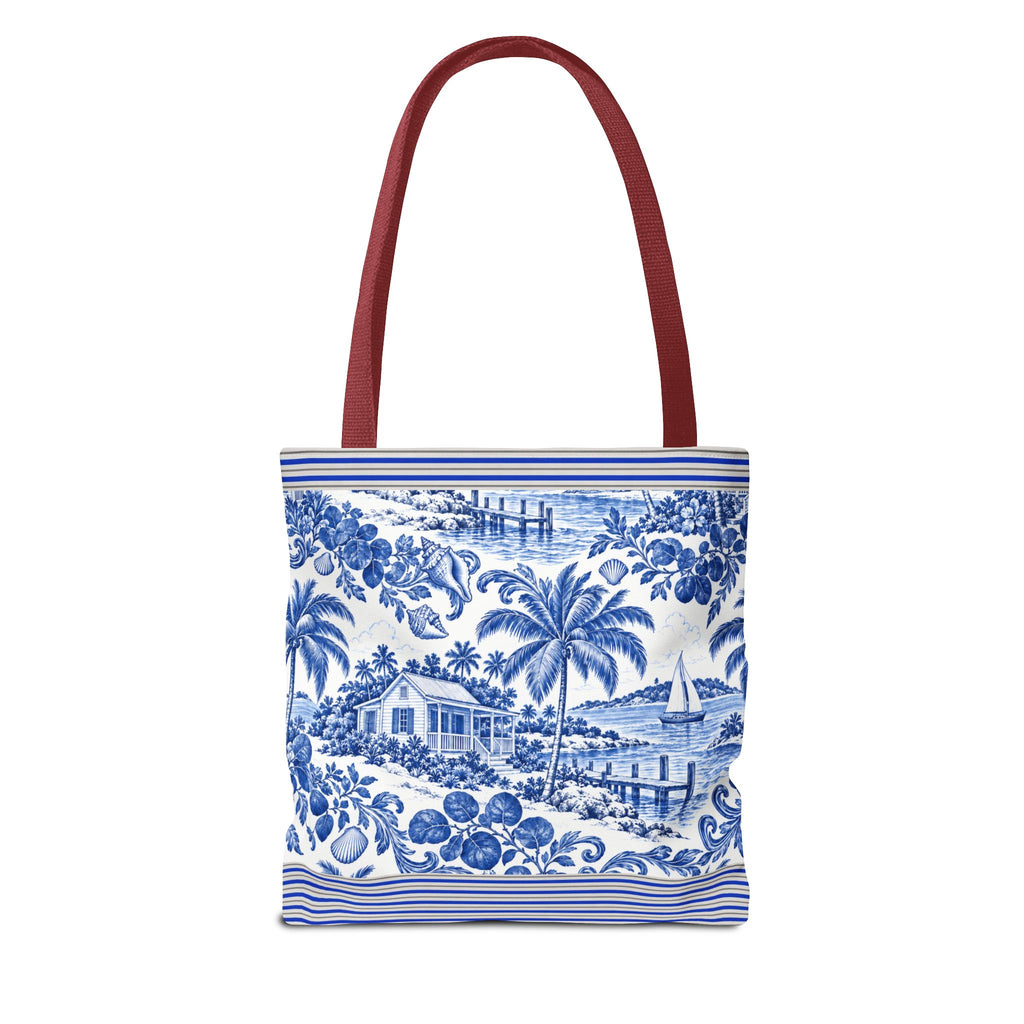 Nassau Blue Coastal Toile Tote Bag — Nautical Bahama / Palm Beach Scene All-Over Print