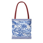 Nassau Blue Coastal Toile Tote Bag — Nautical Bahama / Palm Beach Scene All-Over Print