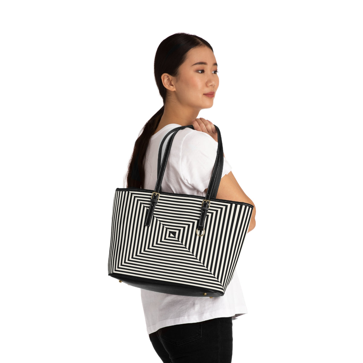 Geometric Spiral Tote Bag — Black & White Optical PU Shoulder Bag