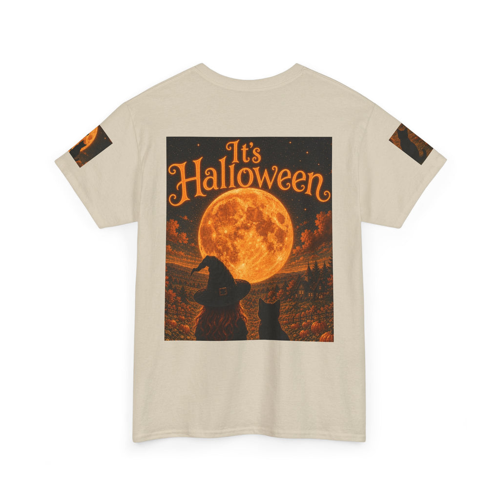 Halloween Graphic Tee — "It's Halloween" Witch & Cat Moon Design