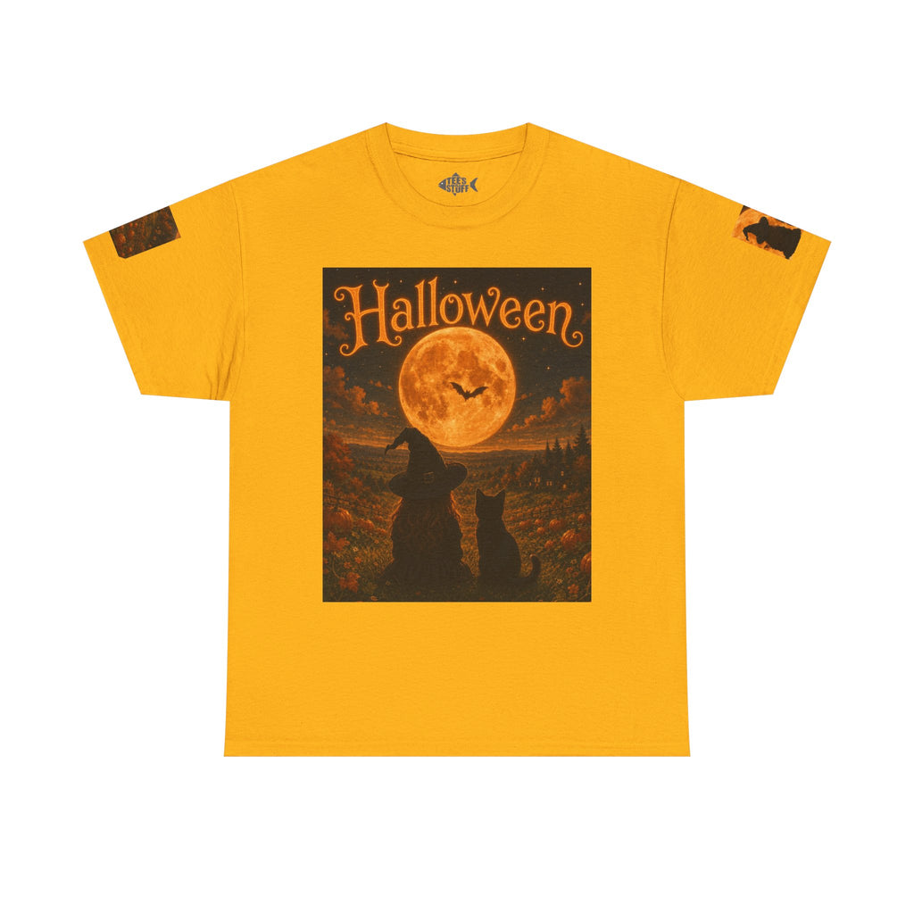 Halloween Graphic Tee — "It's Halloween" Witch & Cat Moon Design