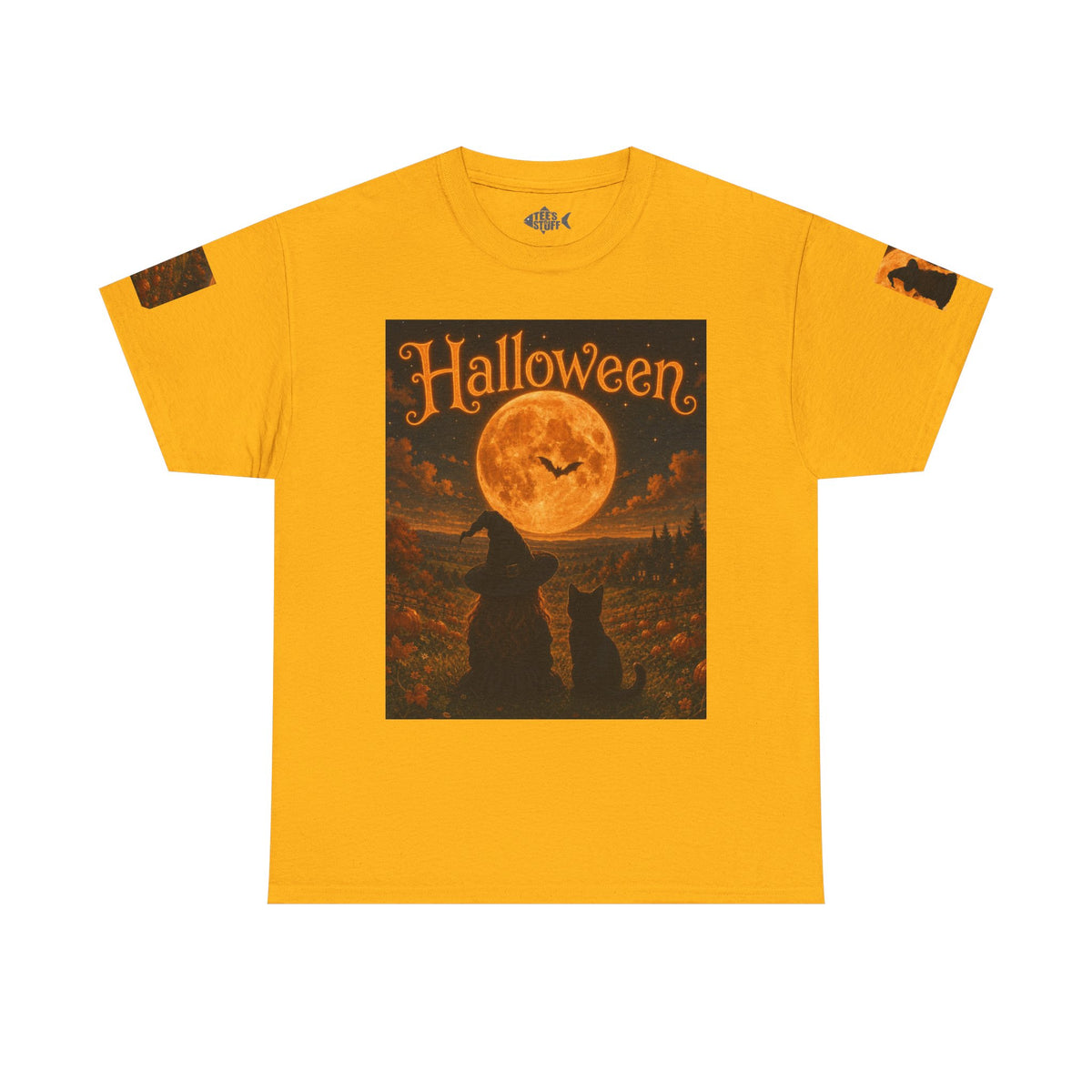 Halloween Graphic Tee — "It's Halloween" Witch & Cat Moon Design
