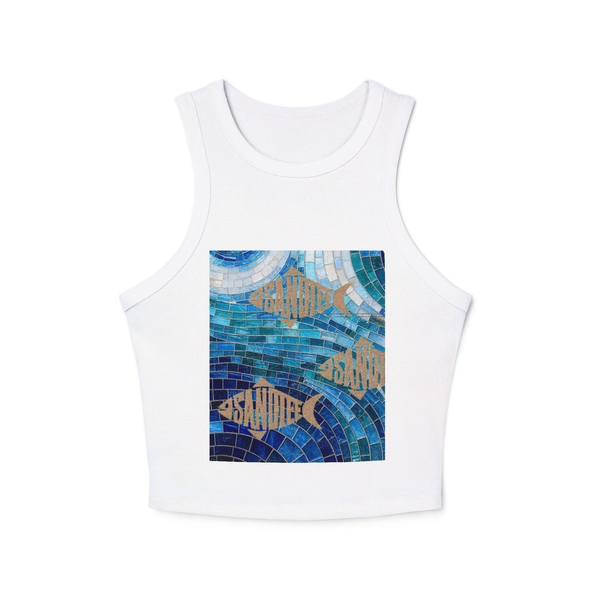 Ocean Mosaic Fish Racer Tank Top — Beachy Blue Graphic Crop Tank