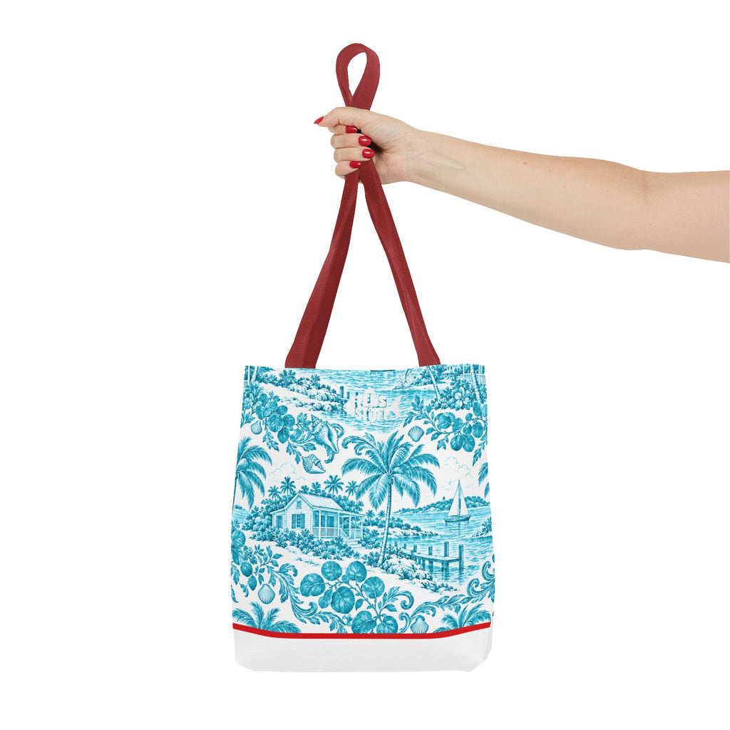 Turquoise coastal Toile Tote Bag- Palm Trees & Island Houses.