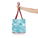Turquoise coastal Toile Tote Bag- Palm Trees & Island Houses.