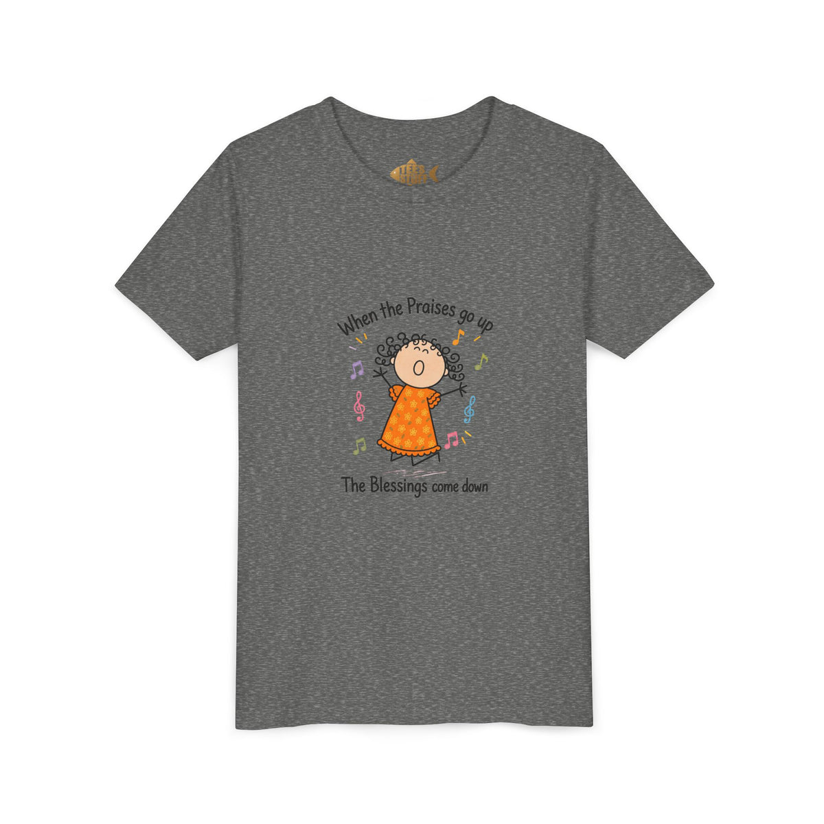 Youth Tee — "When the Praises Go Up, The Blessings Come Down" Kids Christian Shirt