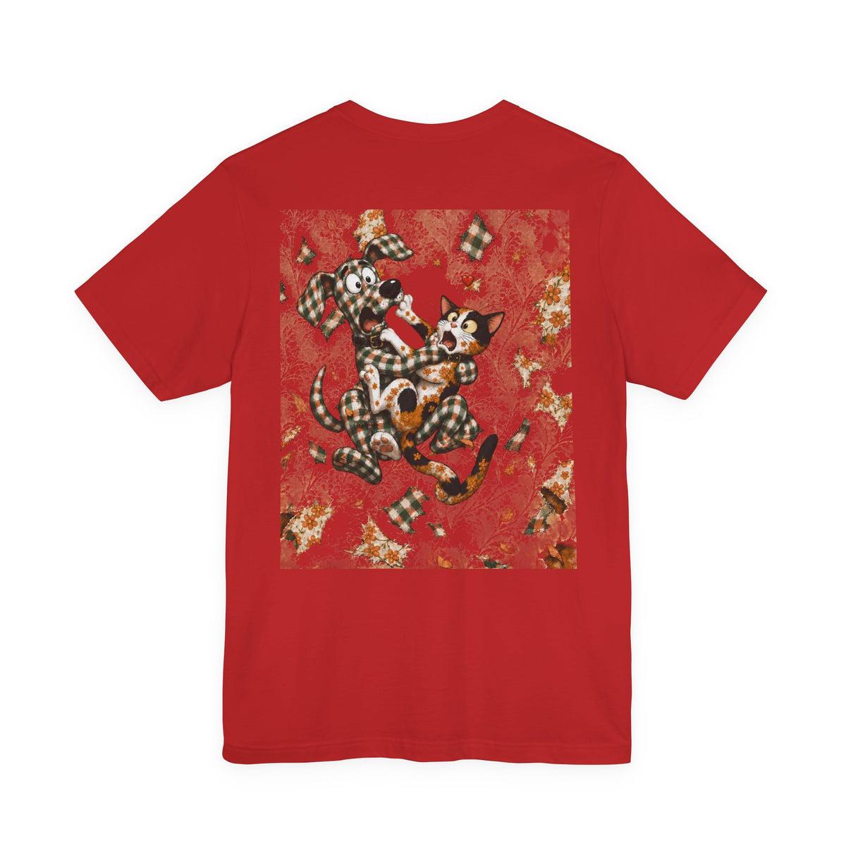 Gingham Dog & Calico Cat Tee — Plaid Pet Illustration T-Shirt