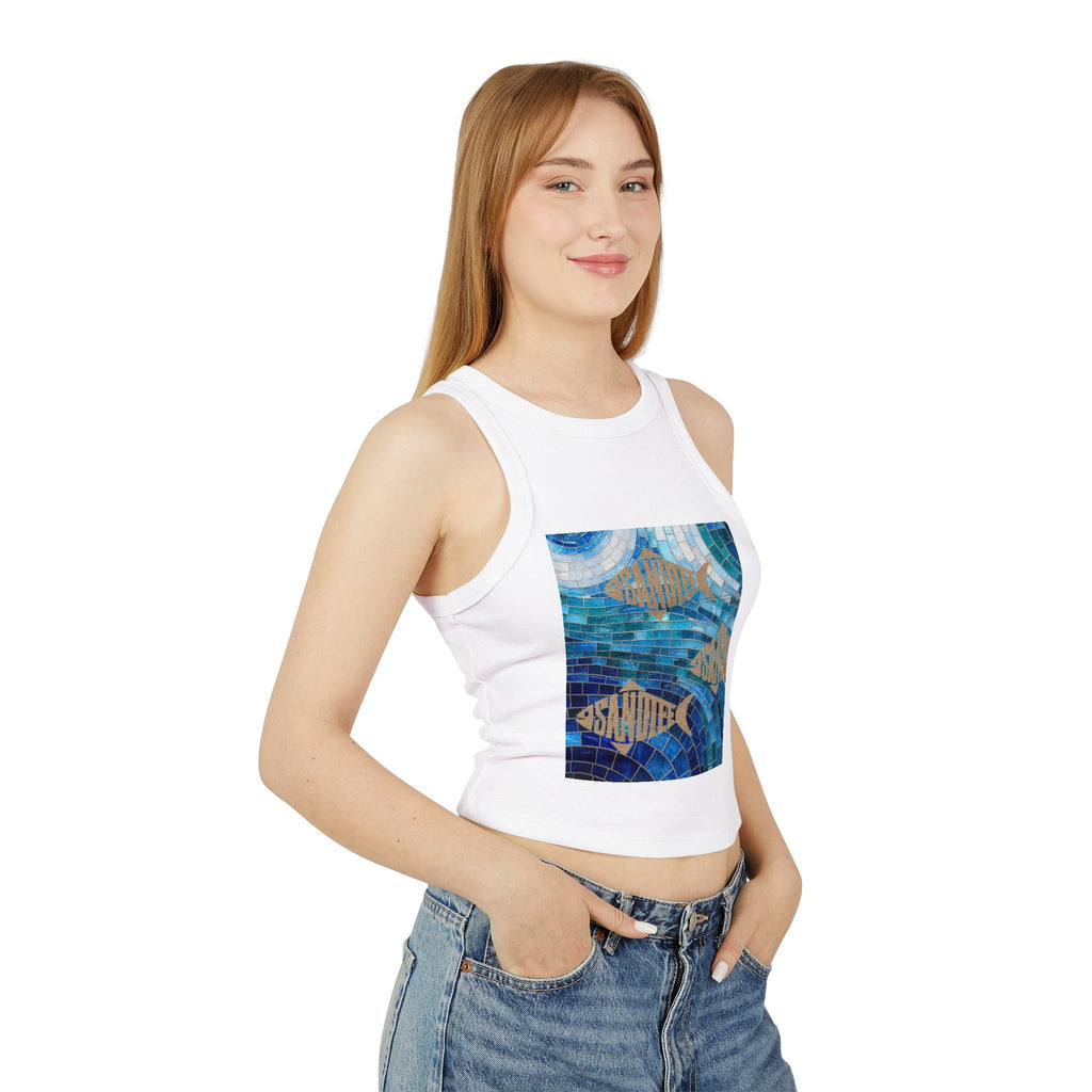 Ocean Mosaic Fish Racer Tank Top — Beachy Blue Graphic Crop Tank