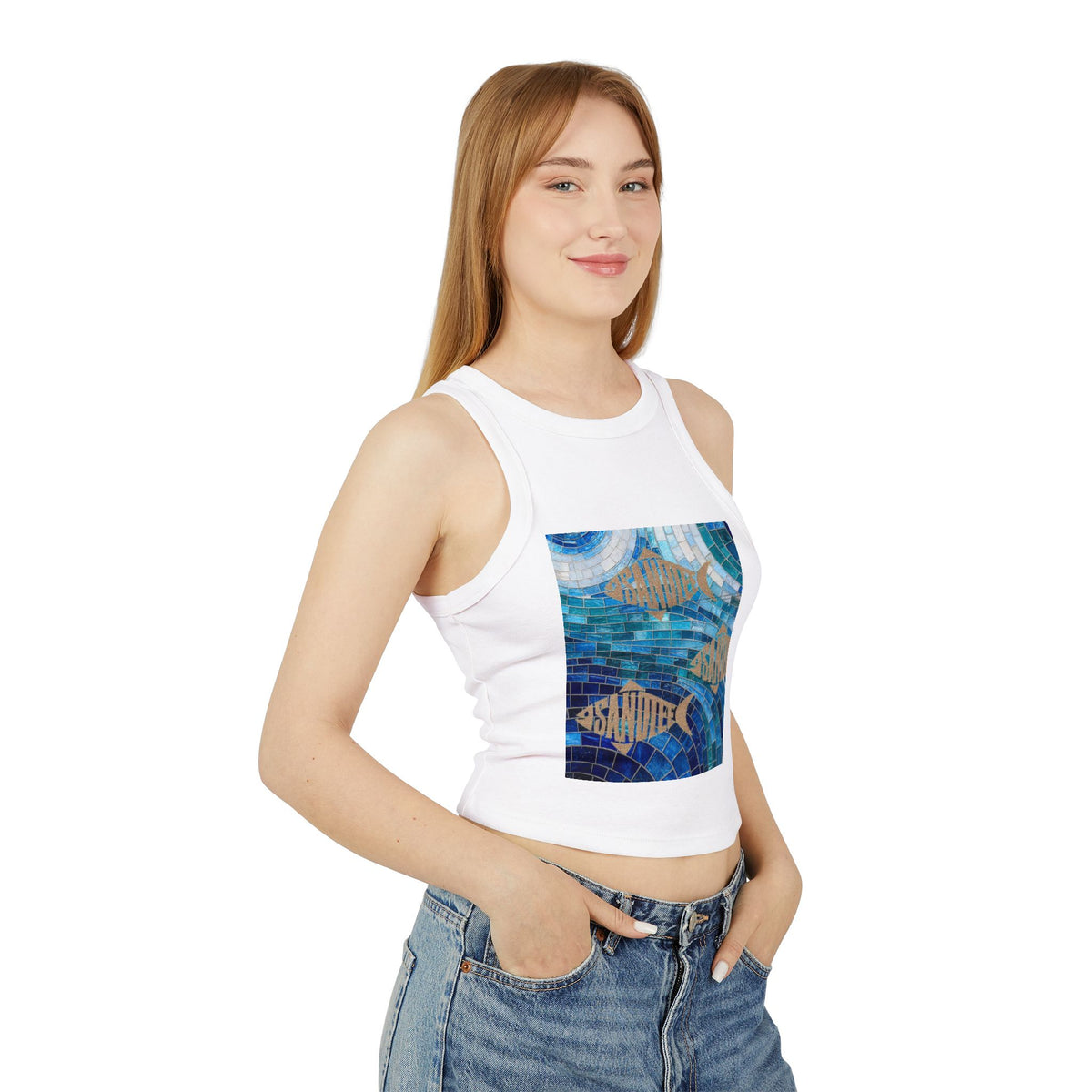 Ocean Mosaic Fish Racer Tank Top — Beachy Blue Graphic Crop Tank