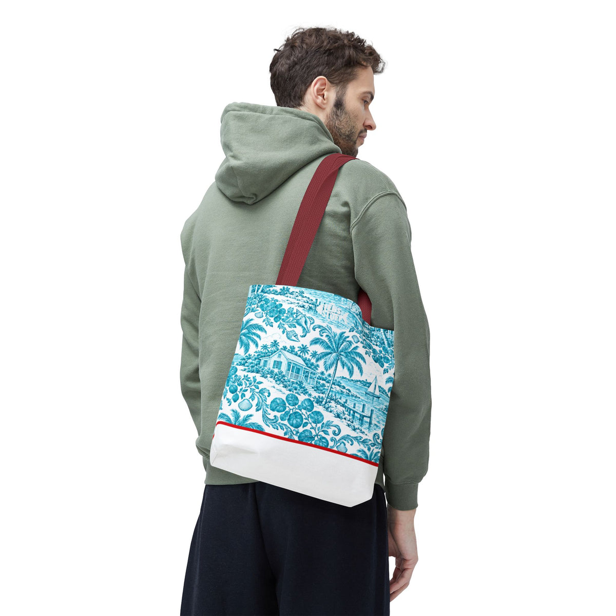 Turquoise coastal Toile Tote Bag- Palm Trees & Island Houses.